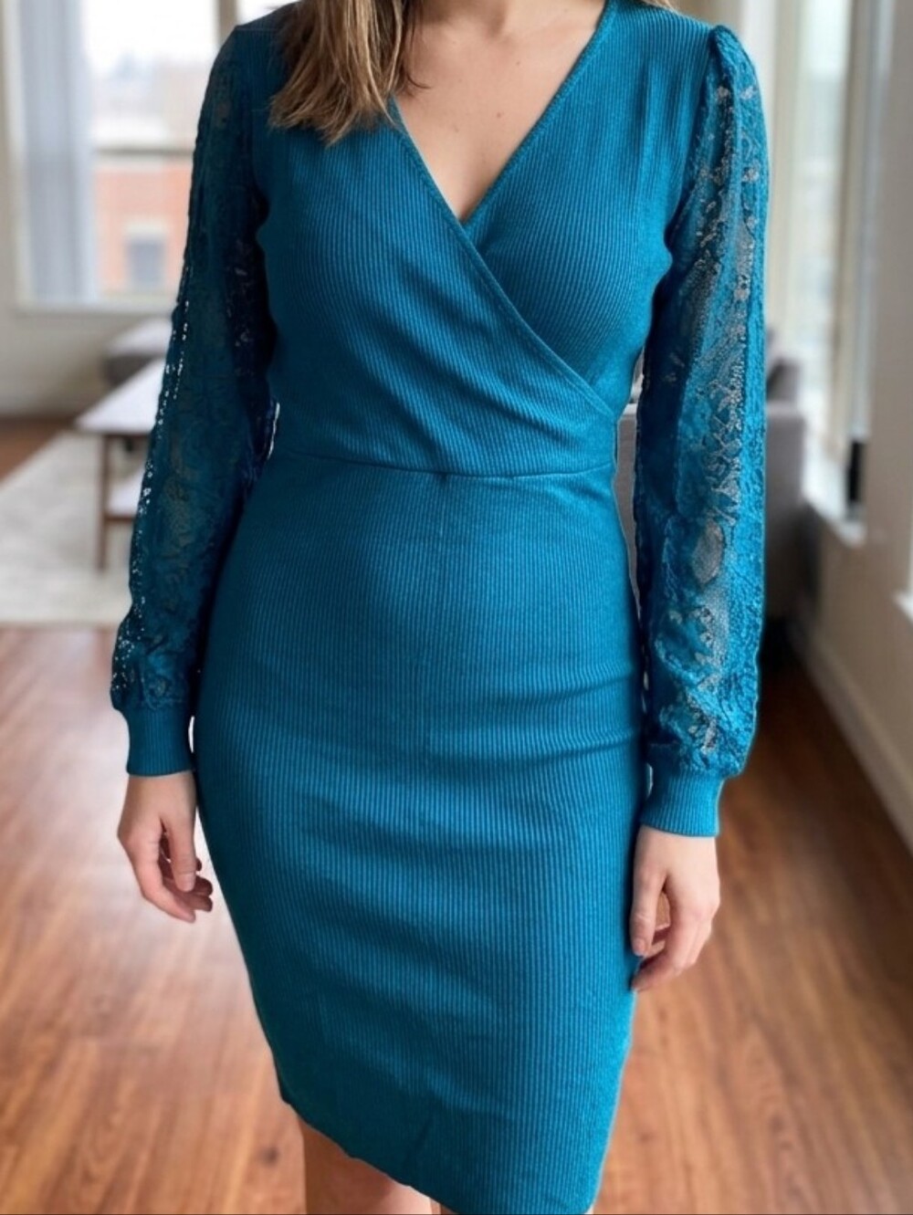 Teal Lace-Sleeve V-Neck Knit Dress